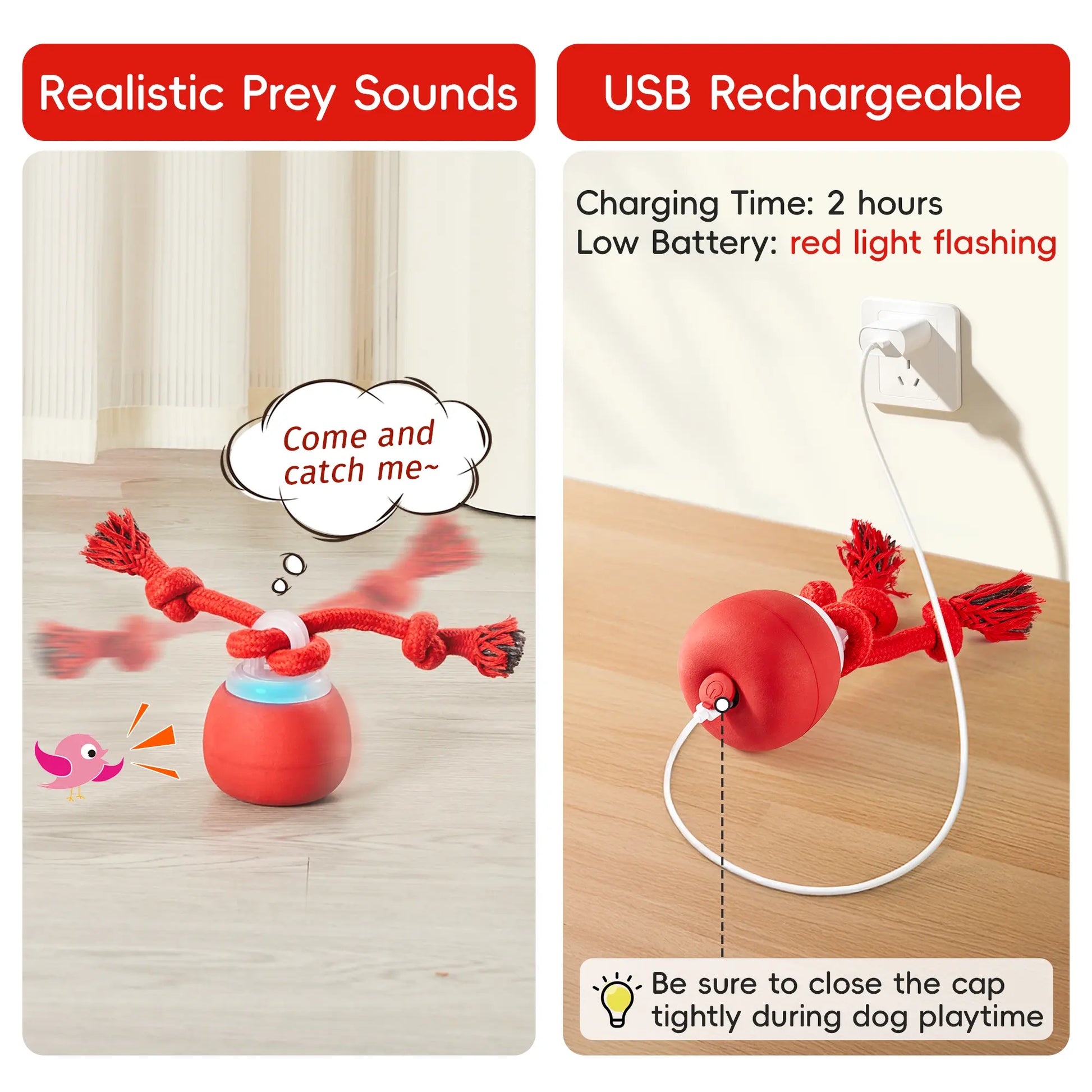 Potaroma Touch-Activated Rechargeable Interactive Dog Ball Toy with Rope, USB Charging Auto-Rolling Squeaky Ball for Small to Medium Dogs - Dark Red