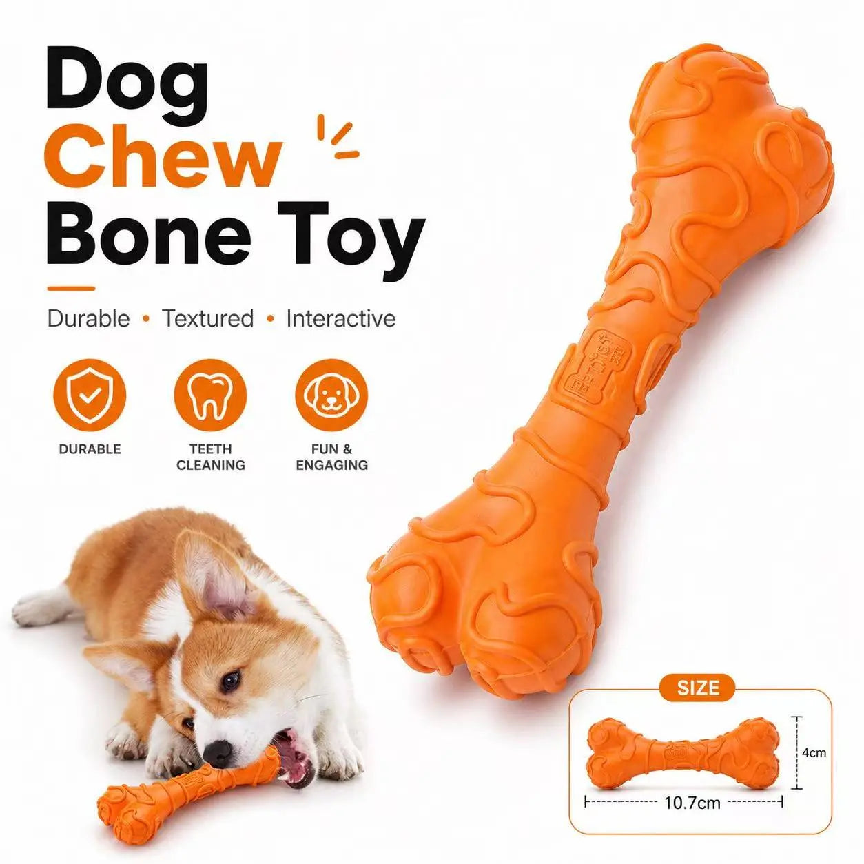 Durable Textured Rubber Chew Bone Toy for Small Dogs - Interactive Dental Toy for Teeth Cleaning and Play, Orange