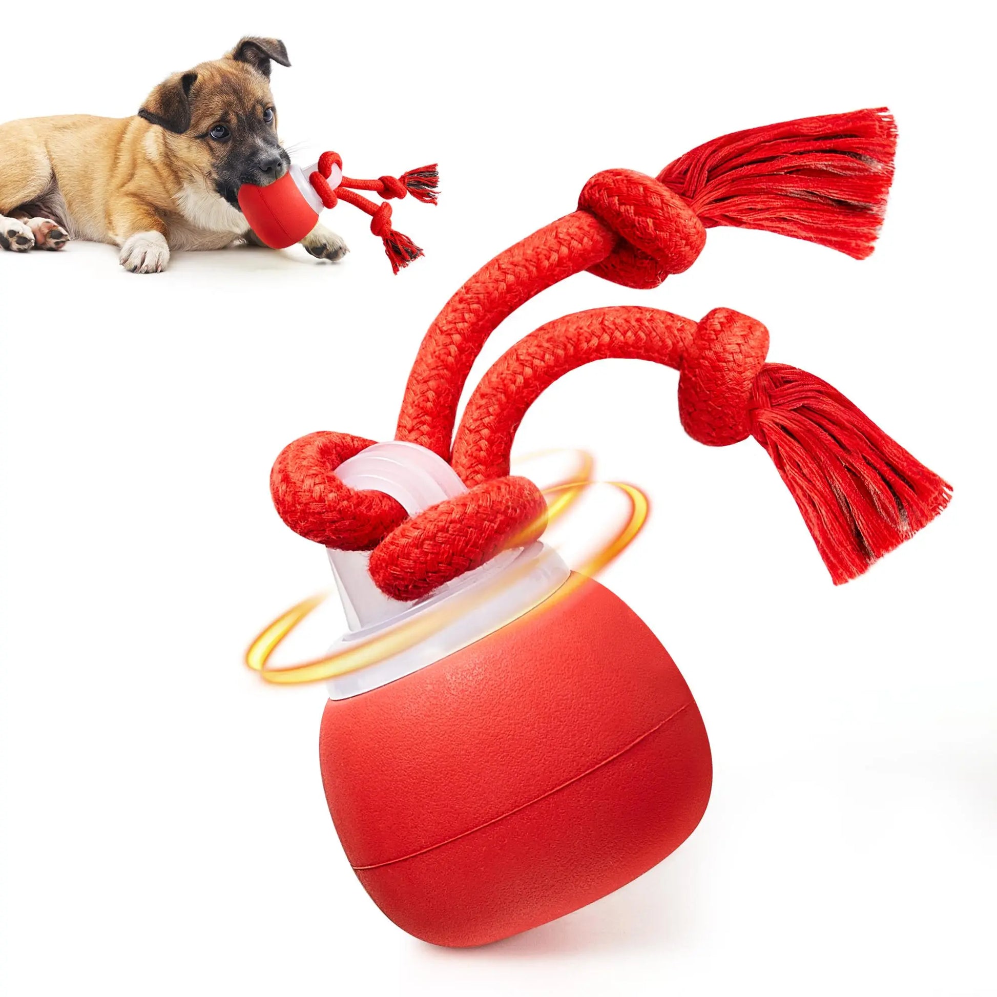 Potaroma Touch-Activated Rechargeable Interactive Dog Ball Toy with Rope, USB Charging Auto-Rolling Squeaky Ball for Small to Medium Dogs - Dark Red